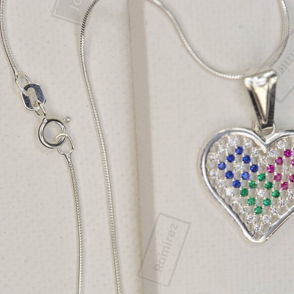 925 Sterling Silver Multicolor Heart Pendant with Chain • 18" Snake Necklace. - Picture 4 of 7